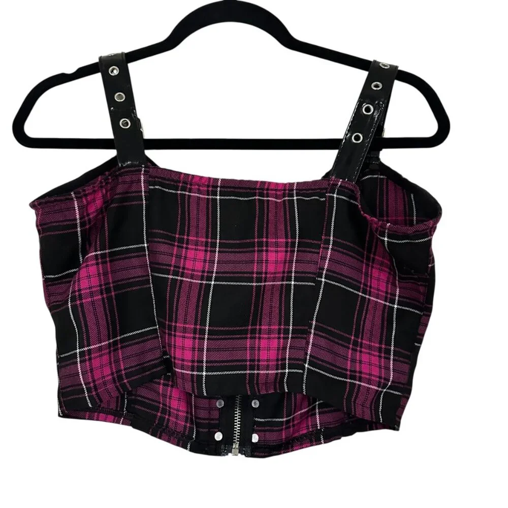 Dolls Kill Charm School Dropout Pink Plaid Bustier Zip Adjustable Top Large - Picture 6 of 7